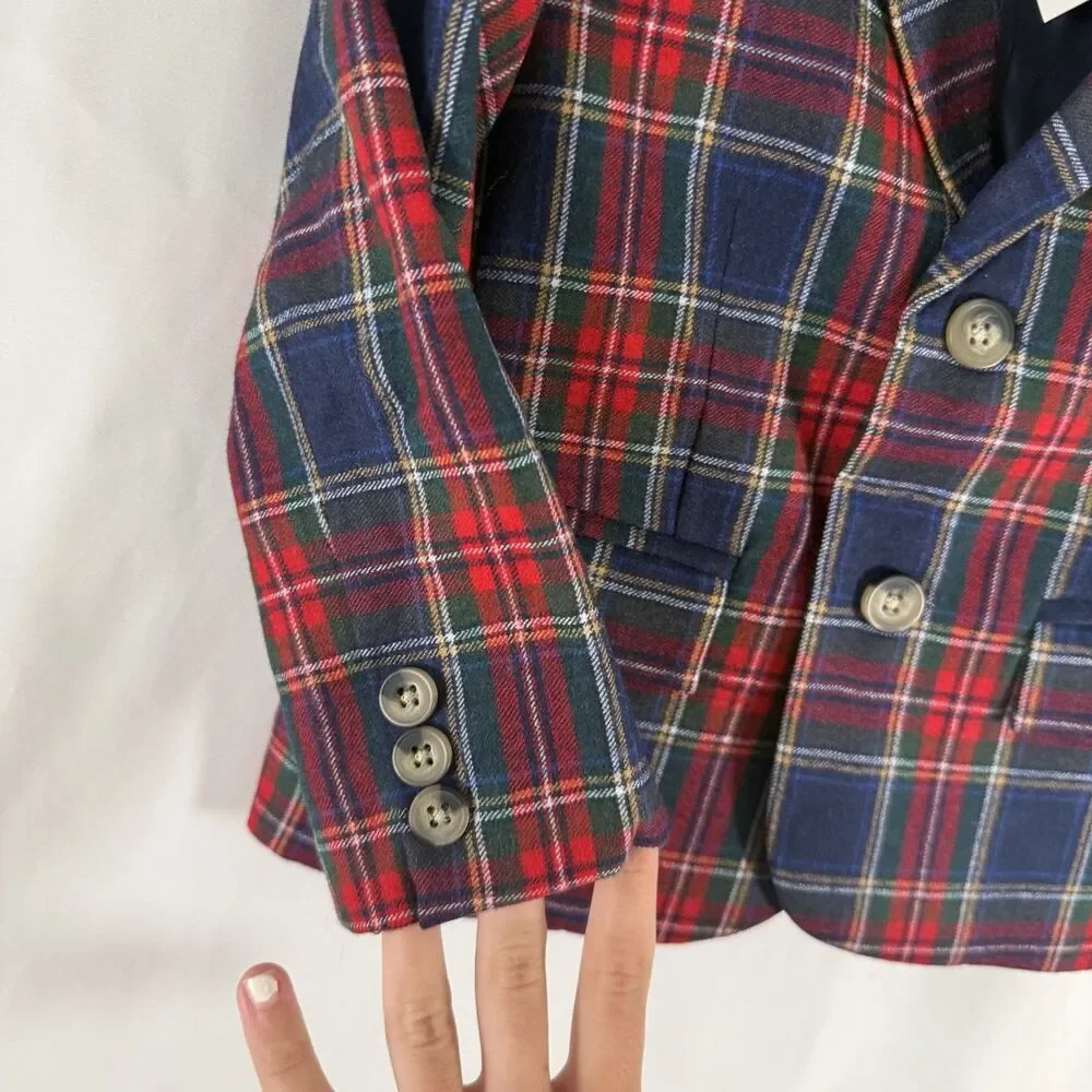 New Janie and Jack Blazer Boys 3 Red Tartan Plaid Button Up Long Sleeve Collared